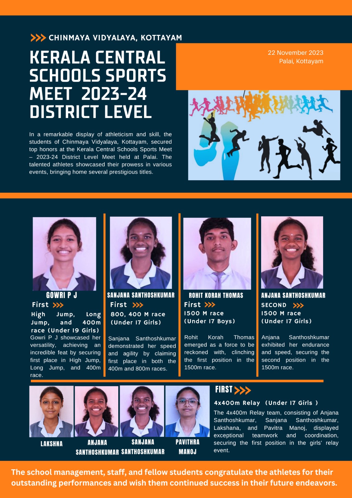 Chinmaya Vidyalaya, Kottayam Shines at Kerala Central Schools Sports Meet  2023-24 District Level Meet in Palai